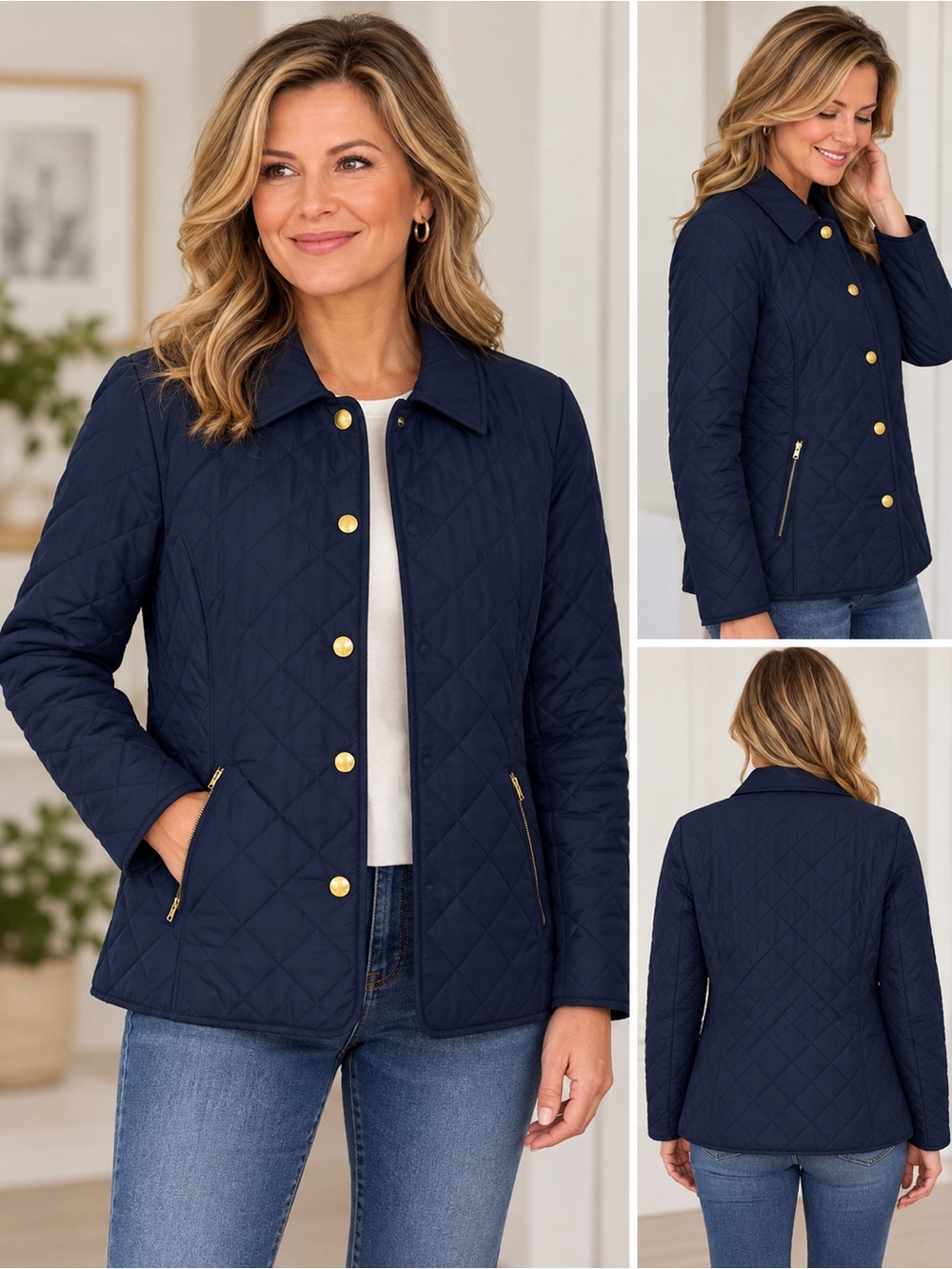 crown & ivy Navy Quilted Jacket with Gold Buttons